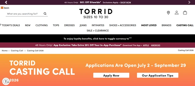Official Torrid Casting Call 2026 page showing the open application period and apply button.