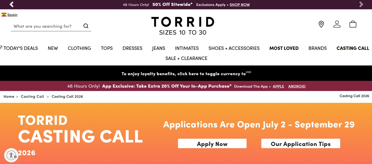 Torrid Casting Call 2026 Official Torrid Casting Call 2026 page showing the open application period and apply button.