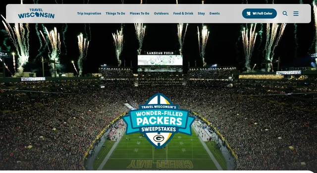 Travel Wisconsin's Wonder-Filled Packers Sweepstakes page showing the campaign badge over Lambeau Field during a night game.