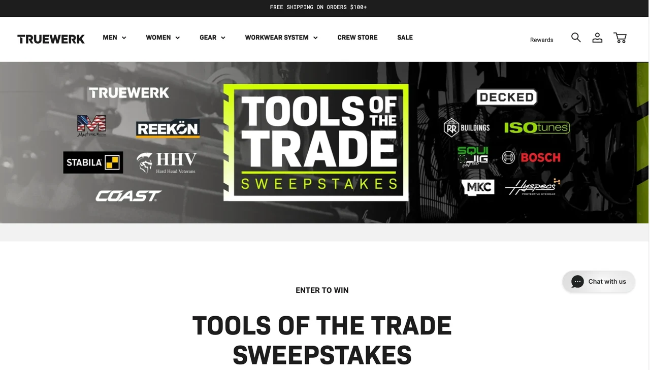 TRUEWERK Tools of the Trade sweepstakes page featuring the sweepstakes banner and partner brand logos.