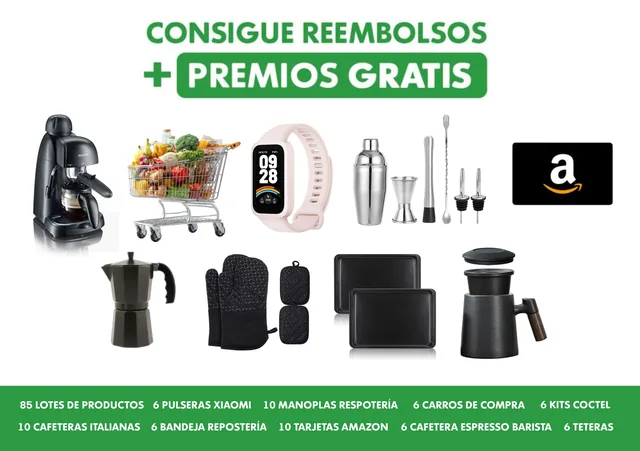 Cartel de Truvía eClub con el mensaje «Consigue reembolsos y premios gratis» y los premios: cafeteras, carro de la compra, pulsera, kit de cóctel y tarjeta Amazon.