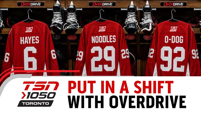 Three red TSN 1050 hockey jerseys hanging in a locker room above the title «Put In A Shift With OverDrive».