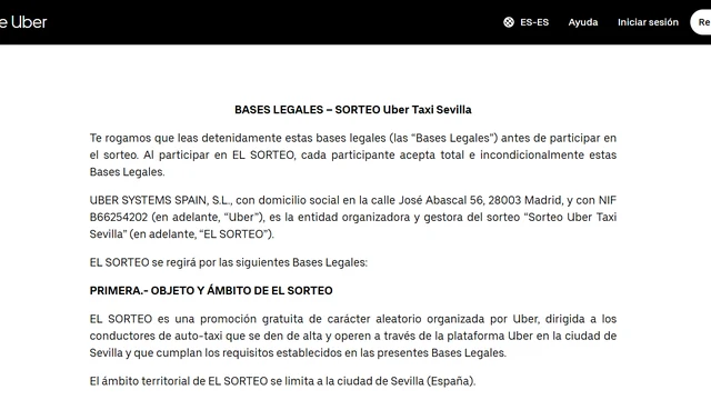 Página oficial del sorteo Uber Taxi Sevilla 2026 para conductores de taxi