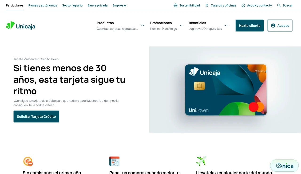 Página de Unicaja de la tarjeta Mastercard Crédito Joven con la tarjeta UniJoven en primer plano.