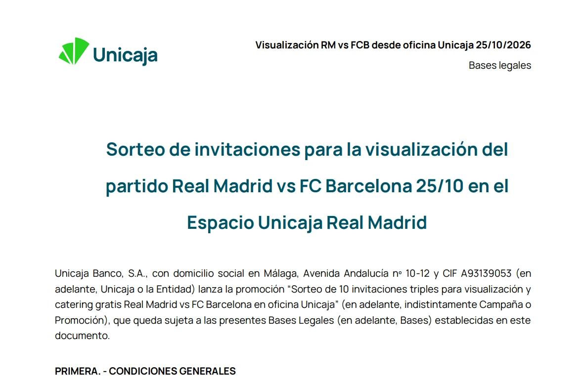 Unicaja — Real Madrid vs FC Barcelona 2026 Bases legales oficiales de Unicaja para el sorteo de invitaciones triples de visualización del Real Madrid vs FC Barcelona con catering.