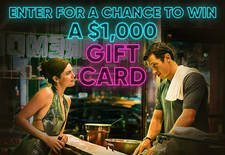 Official Universal Pictures One Night Only Sweepstakes artwork promoting the chance to win two $500 gift cards.