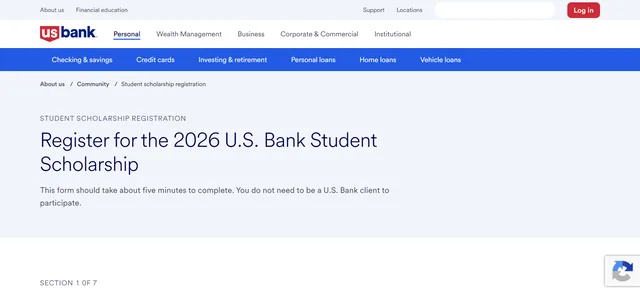 Official U.S. Bank student scholarship registration page for the 2026 sweepstakes.