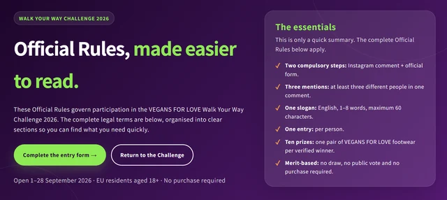 Official VEGANS FOR LOVE rules page for the Walk Your Way Challenge 2026 showing the key entry requirements and summary points.
