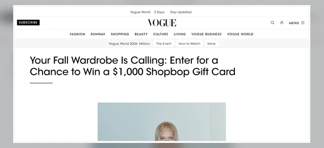 Official Vogue giveaway article inviting readers to enter for a chance to win a $1,000 Shopbop gift card.