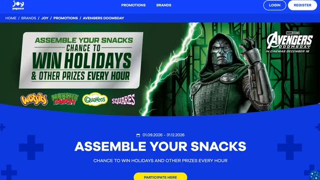 JOY by PepsiCo Avengers Doomsday promotion showing Doctor Doom and the Assemble Your Snacks prize campaign