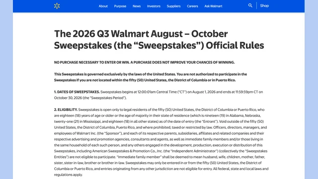 Official rules page for the 2026 Q3 Walmart August to October Sweepstakes.