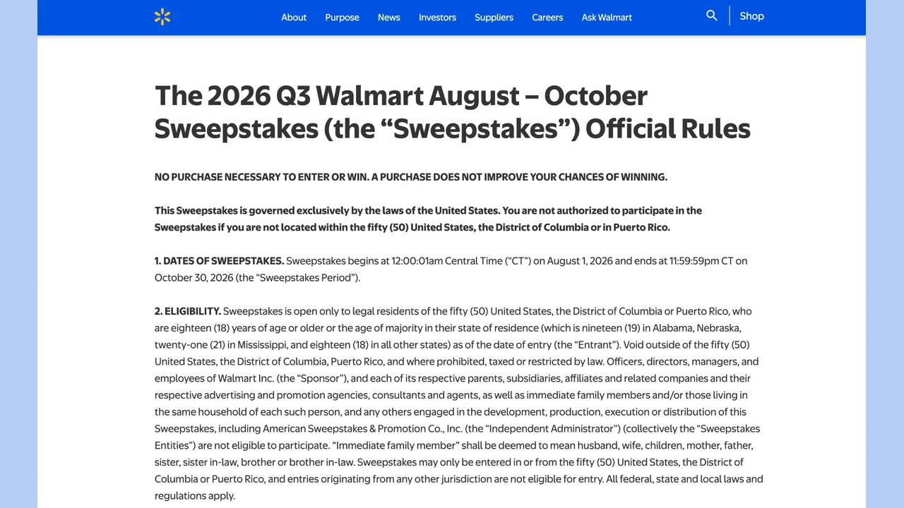 Official rules page for the 2026 Q3 Walmart August to October Sweepstakes.