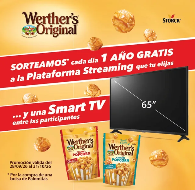 Página oficial de la promoción de Werther's Original Popcorn con el mensaje «Sorteamos cada día 1 año gratis a la plataforma streaming que tú elijas y una Smart TV».