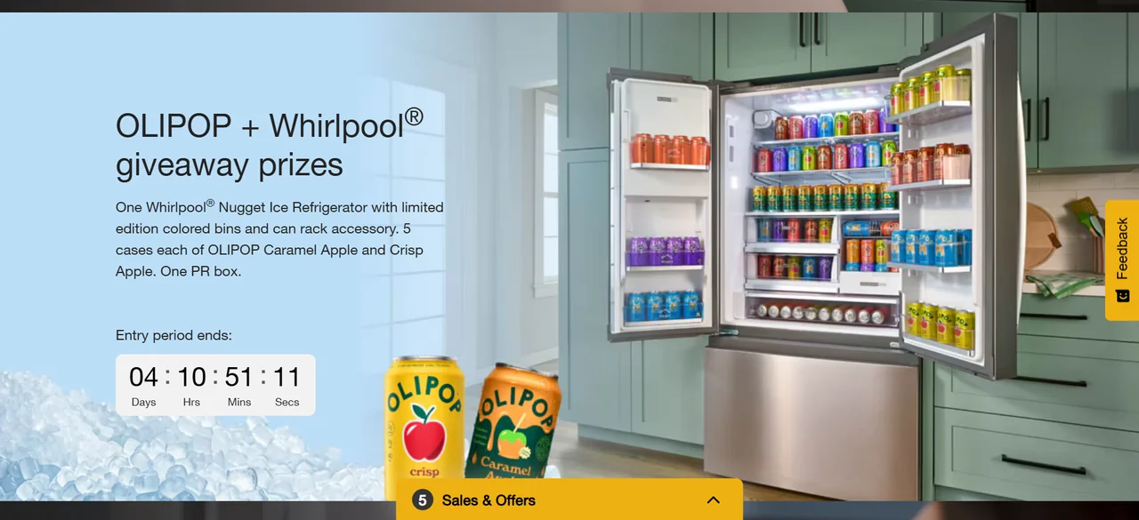 Whirlpool × OLIPOP Sweepstakes 2026 Official Whirlpool and OLIPOP giveaway page showing the refrigerator and the published giveaway prize package.