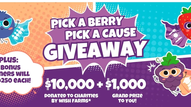 Wish Farms Pick a Berry, Pick a Cause 2026 Wish Farms Pick a Berry, Pick a Cause giveaway artwork showing the US$1,000 grand prize and four US$250 prizes