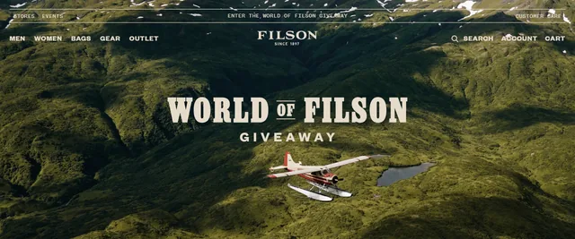 World of Filson Giveaway page header showing a red floatplane flying over green Alaskan mountains with the words «World of Filson Giveaway».