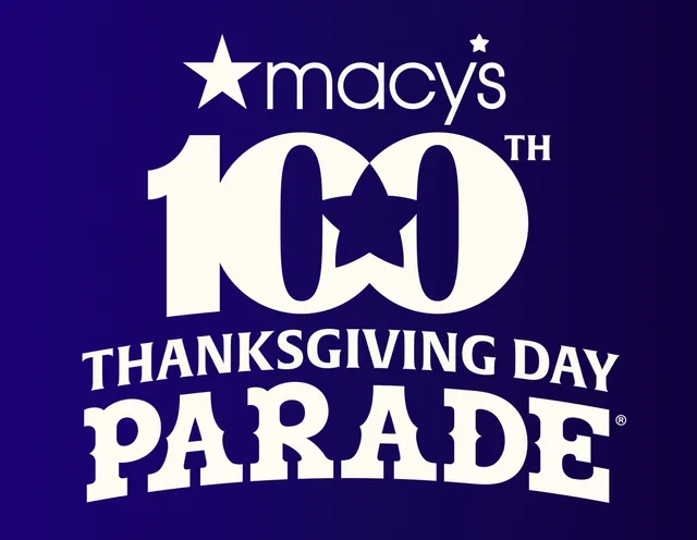 Macy's 100th Thanksgiving Day Parade logo in white on a dark blue background.