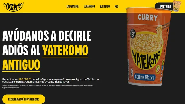 Página oficial del concurso de Yatekomo con el mensaje «Ayúdanos a decirle adiós al Yatekomo antiguo» y un vaso de curry.