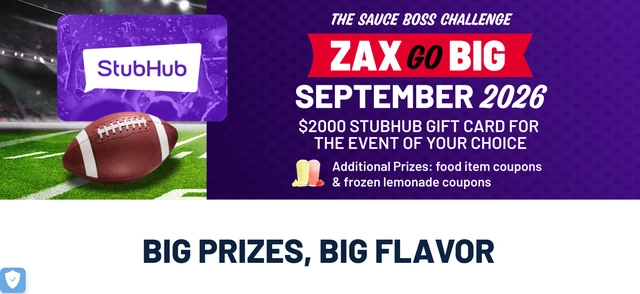 Official Zax Go Big Rewardz Challenge fall 2026 creative showing September prizes with a StubHub gift card and football theme.