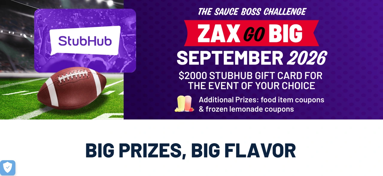 Zax Go Big Rewardz Challenge Fall 2026 Official Zax Go Big Rewardz Challenge fall 2026 creative showing September prizes with a StubHub gift card and football theme.