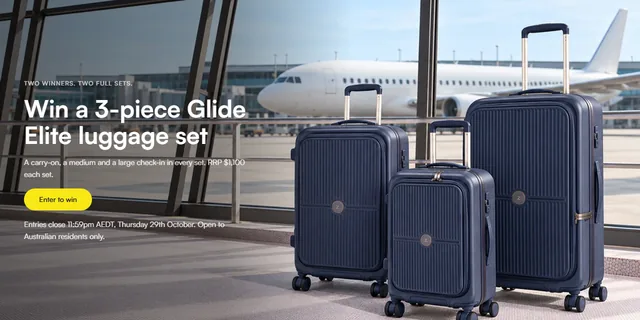 Zoomlite giveaway page header showing three navy hard-shell suitcases in an airport terminal with the text «Win a 3-piece Glide Elite luggage set».